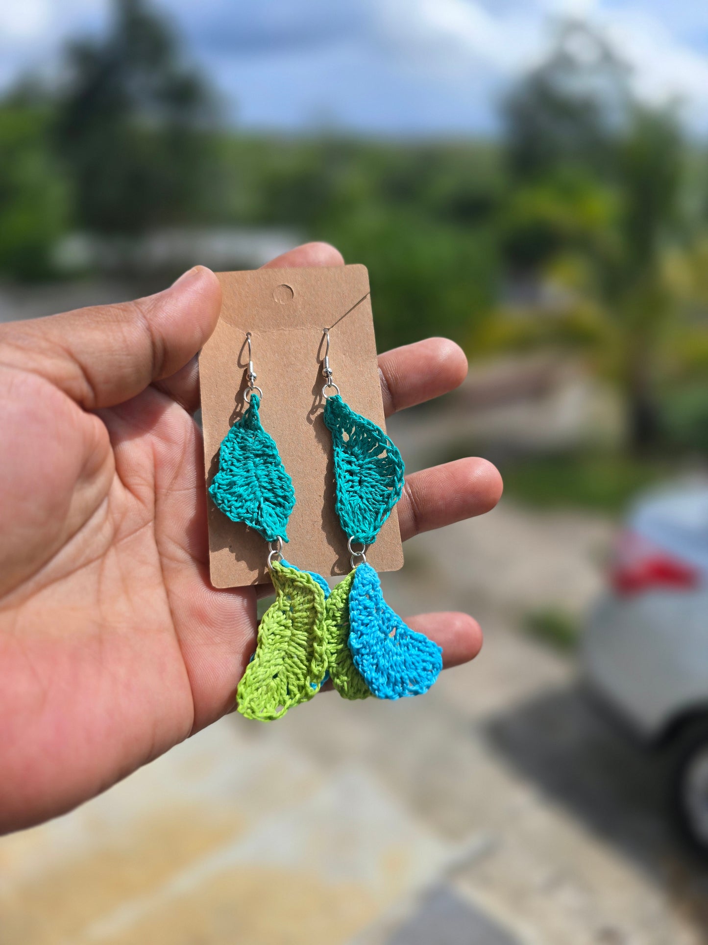 Handmade Crochet leaves earring, Crochet earring with silver hook
